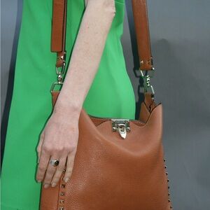 Valentino Tan Studded Leather Signature Messenger Bag
